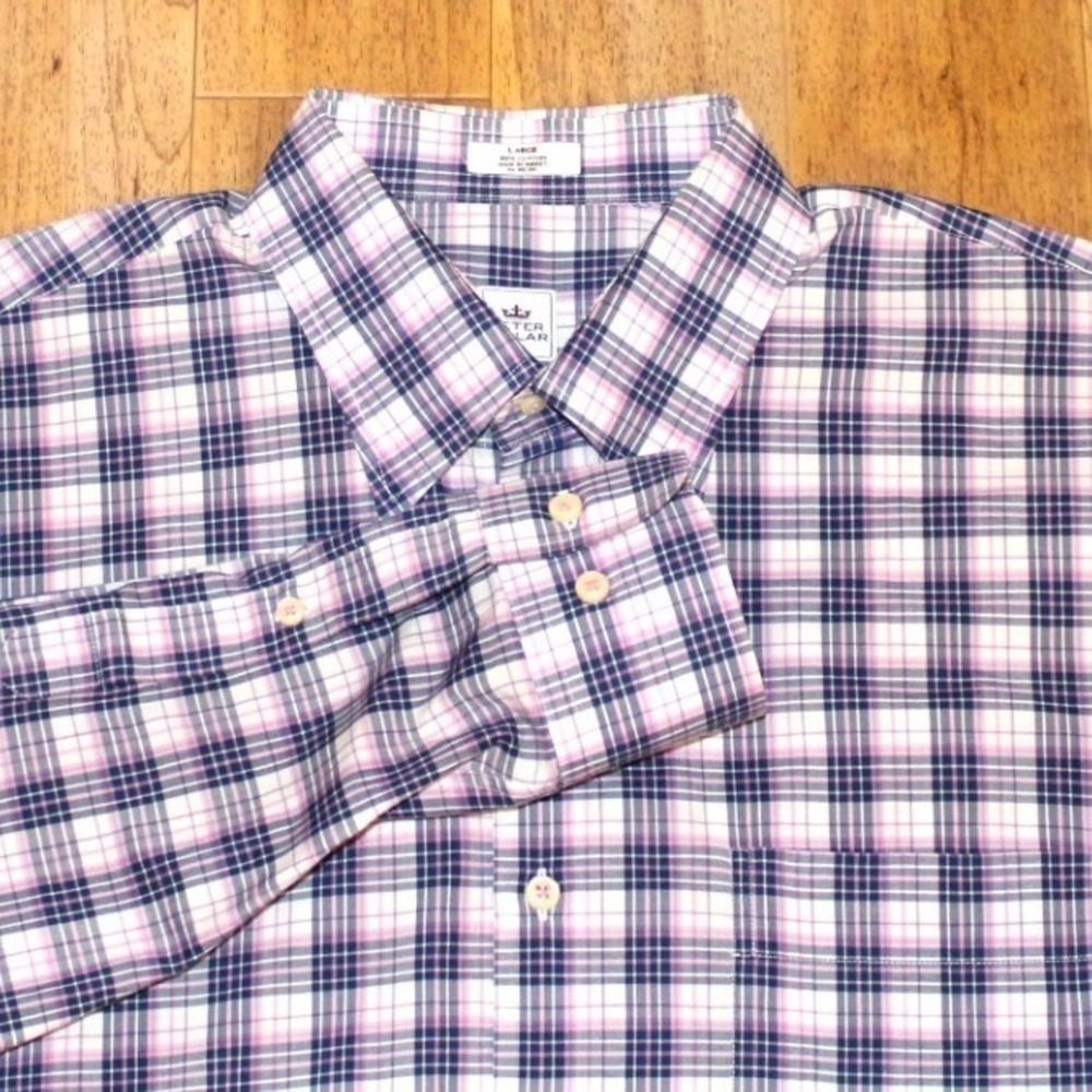 Peter Millar Button Down Mens L Purple Plaid Excellent Cotton Long Sleeve Shirt
